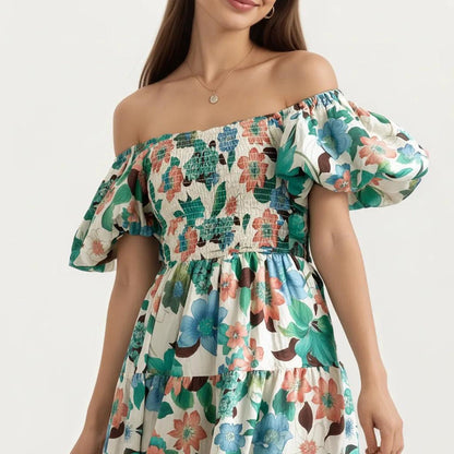 Anna-Kaci Women's Off Shoulder Maxi Dress with Smocked Bodice and Tiered Skirt