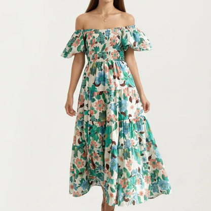 Anna-Kaci Women's Off Shoulder Maxi Dress with Smocked Bodice and Tiered Skirt