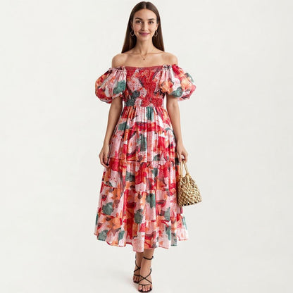 Anna-Kaci Women's Off Shoulder Maxi Dress with Smocked Bodice and Tiered Skirt