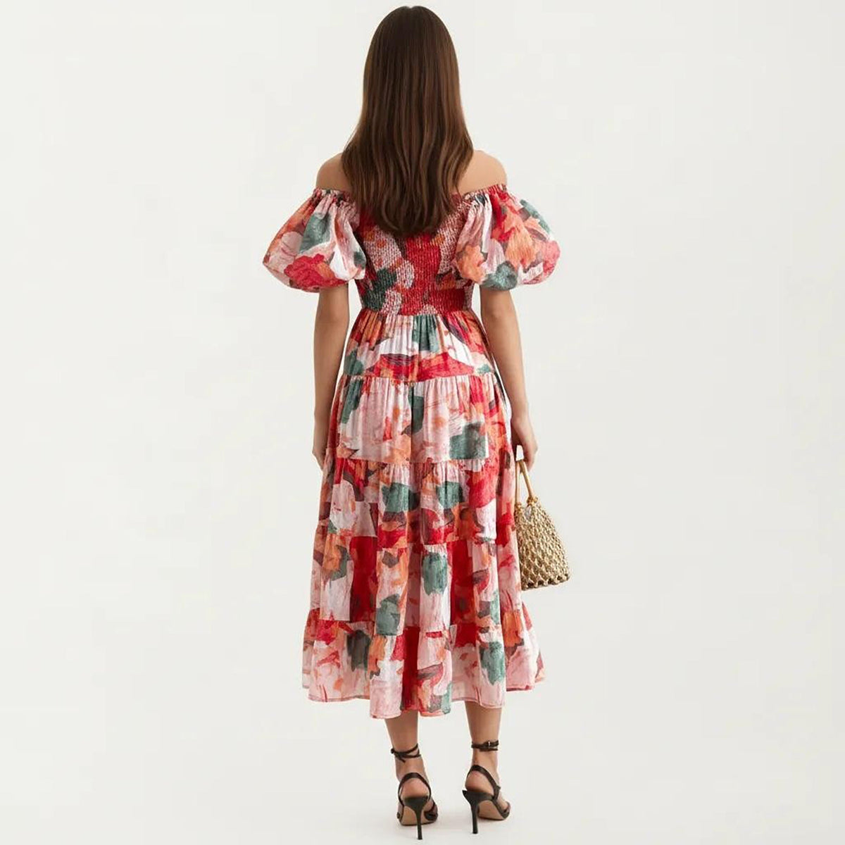 Anna-Kaci Women's Off Shoulder Maxi Dress with Smocked Bodice and Tiered Skirt