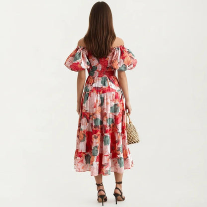 Anna-Kaci Women's Off Shoulder Maxi Dress with Smocked Bodice and Tiered Skirt
