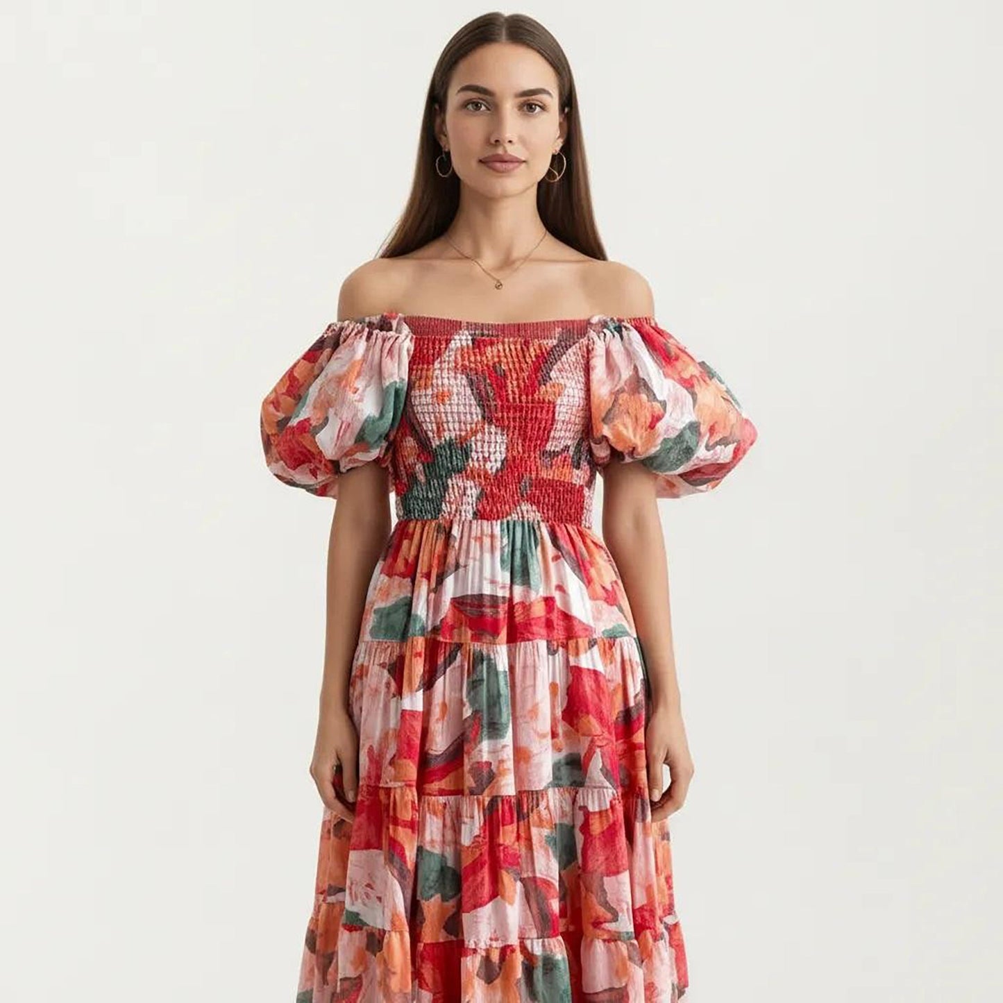 Anna-Kaci Women's Off Shoulder Maxi Dress with Smocked Bodice and Tiered Skirt