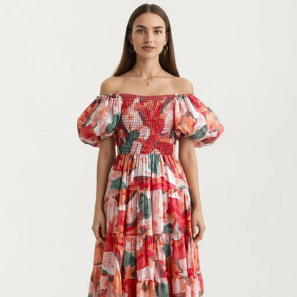 Anna-Kaci Women's Off Shoulder Maxi Dress with Smocked Bodice and Tiered Skirt
