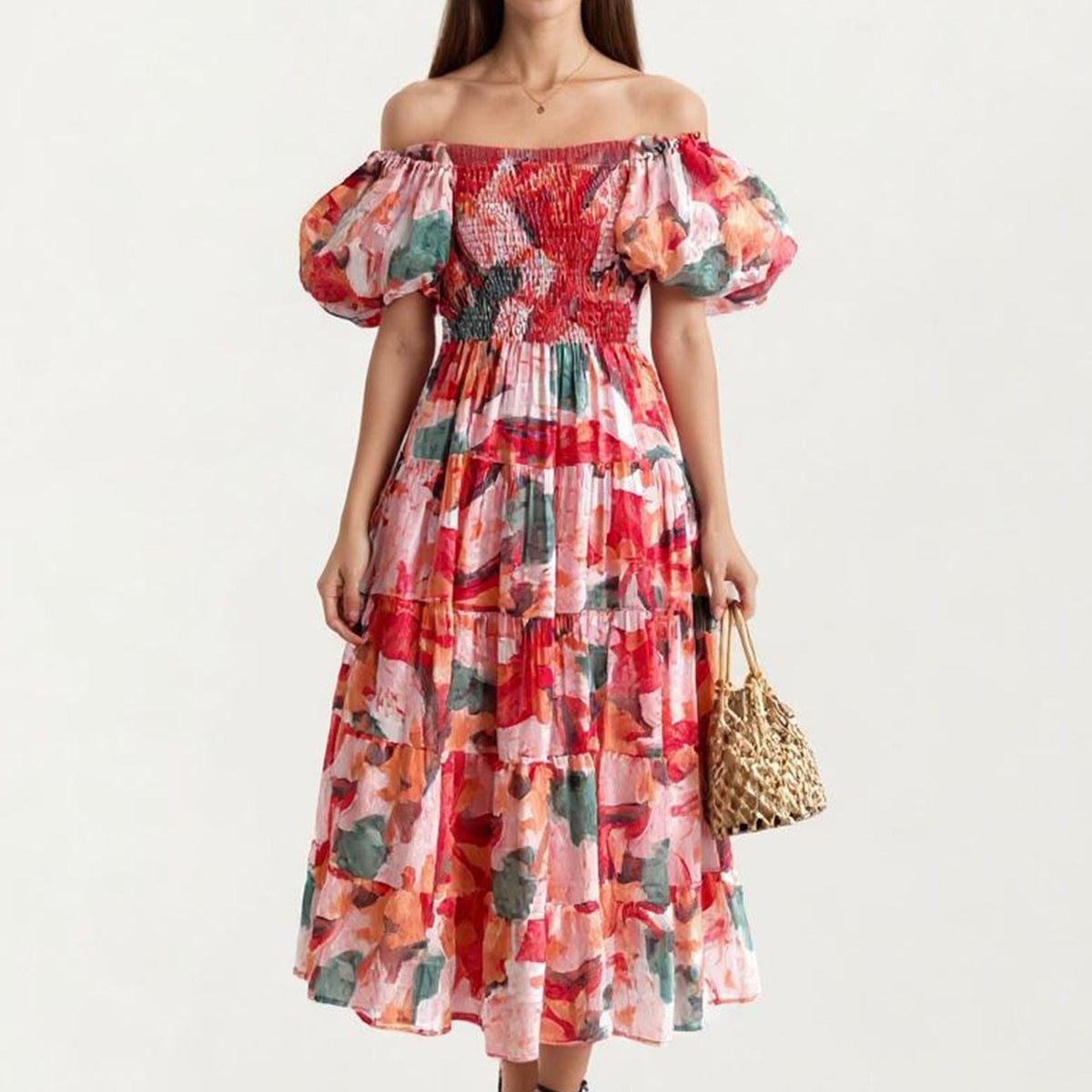 Anna-Kaci Women's Off Shoulder Maxi Dress with Smocked Bodice and Tiered Skirt