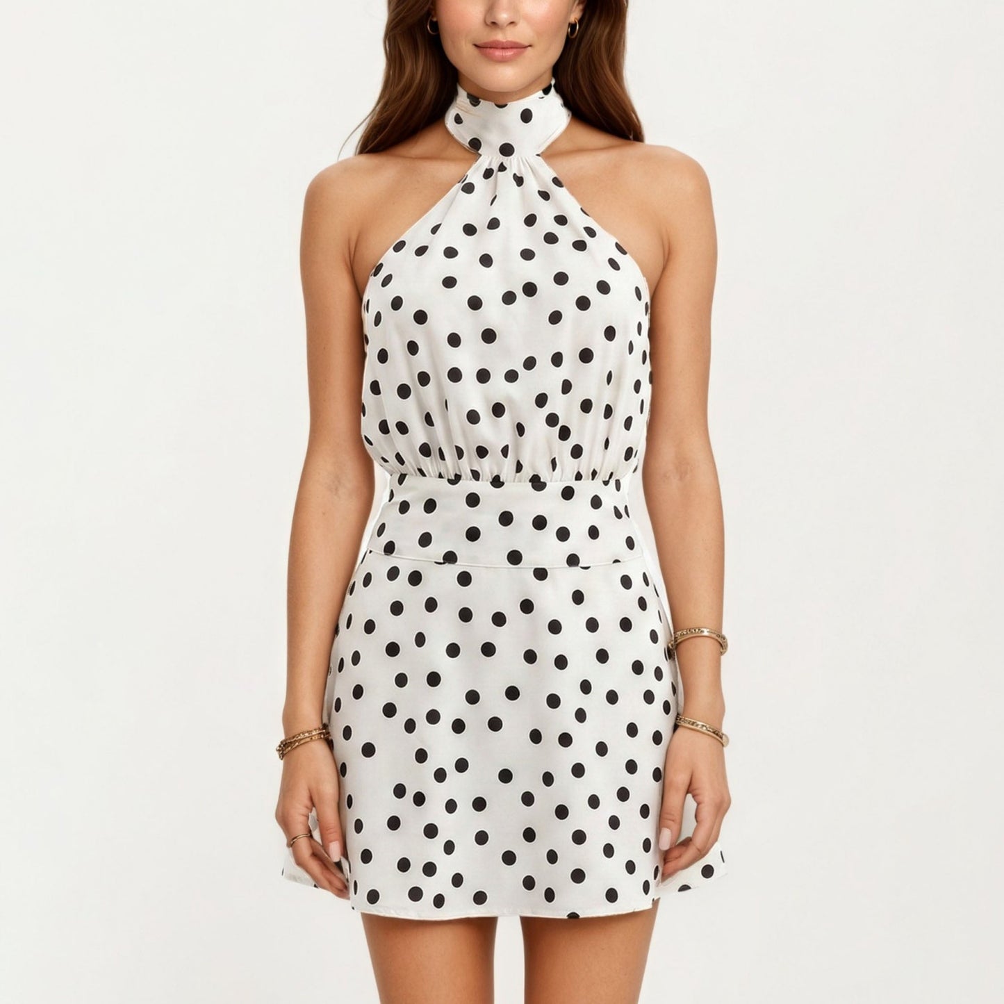 Anna-Kaci Women's Polka Dot Halter Mini Dress with High Neck Tie Detail Elastic Waist Fitted Silhouette