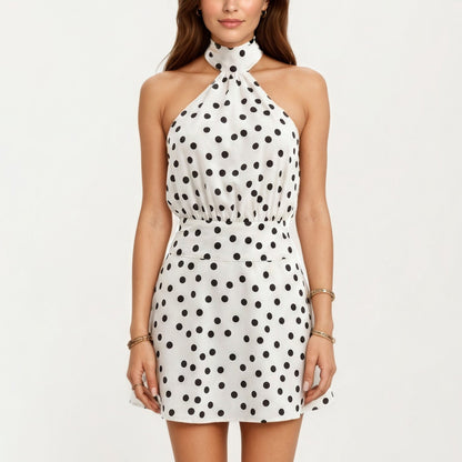 Anna-Kaci Women's Polka Dot Halter Mini Dress with High Neck Tie Detail Elastic Waist Fitted Silhouette
