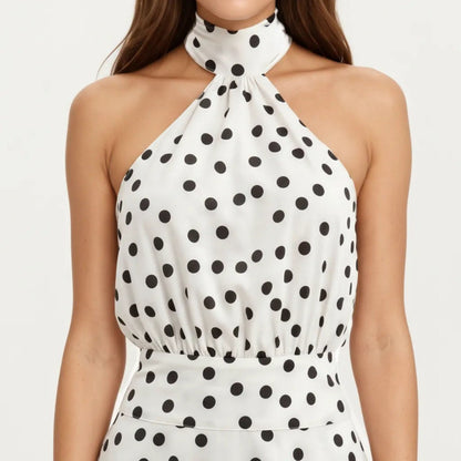 Anna-Kaci Women's Polka Dot Halter Mini Dress with High Neck Tie Detail Elastic Waist Fitted Silhouette