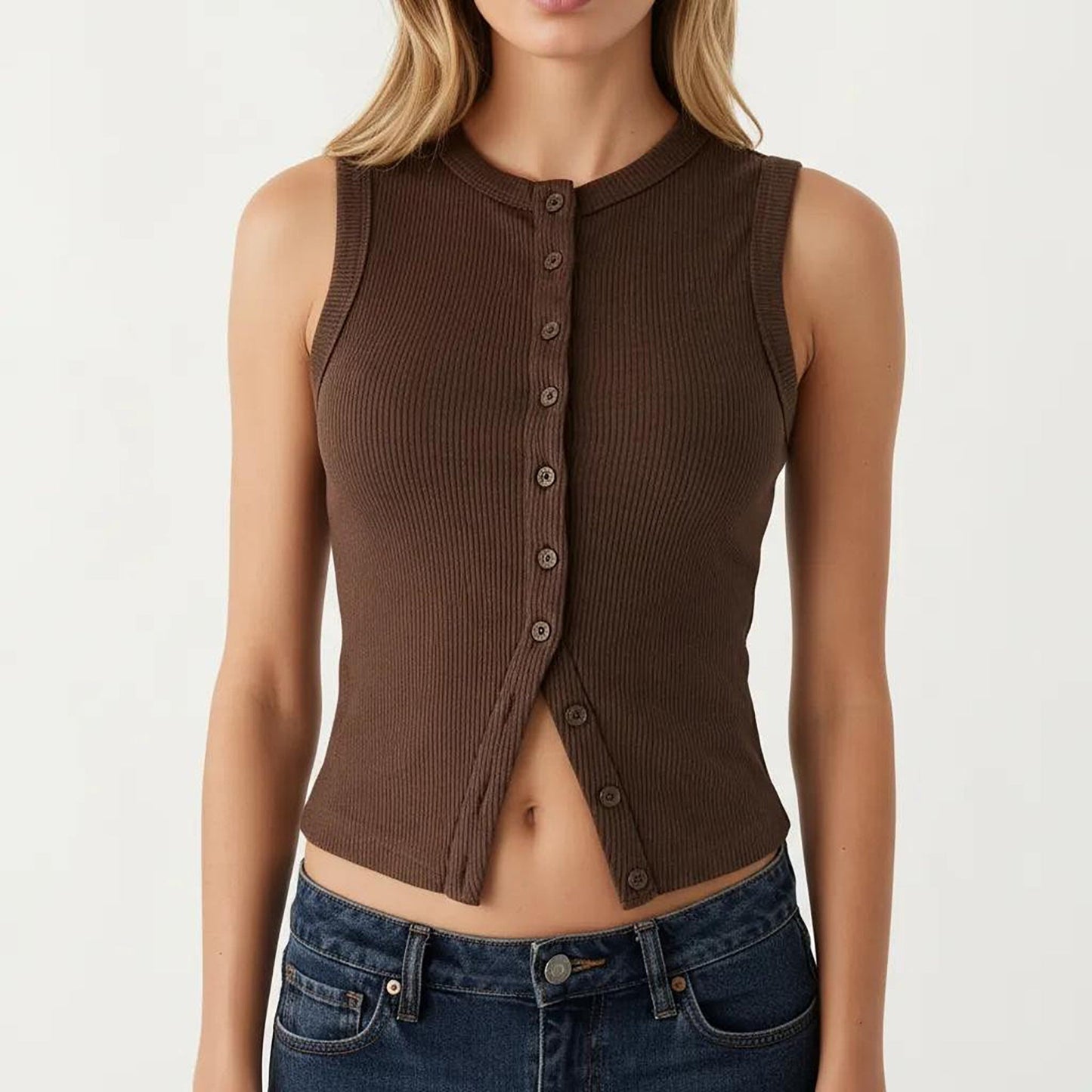 Anna-Kaci Women's Sleeveless Ribbed Knit Button Front Tank Top Fitted Stretch Casual Summer Layering Top