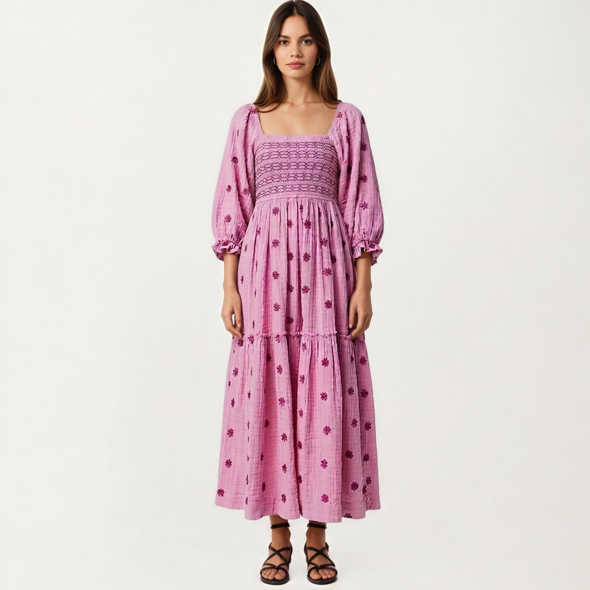 Anna-Kaci Women's Smocked Square Neck Maxi Dress with Embroidered Floral Pattern Puff Sleeves