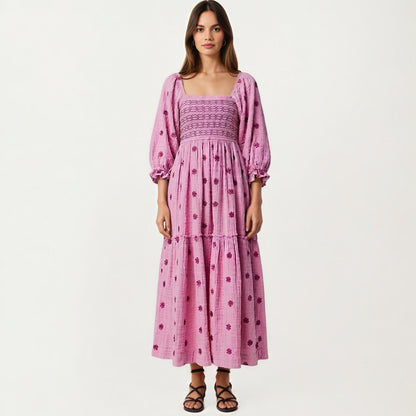 Anna-Kaci Women's Smocked Square Neck Maxi Dress with Embroidered Floral Pattern Puff Sleeves