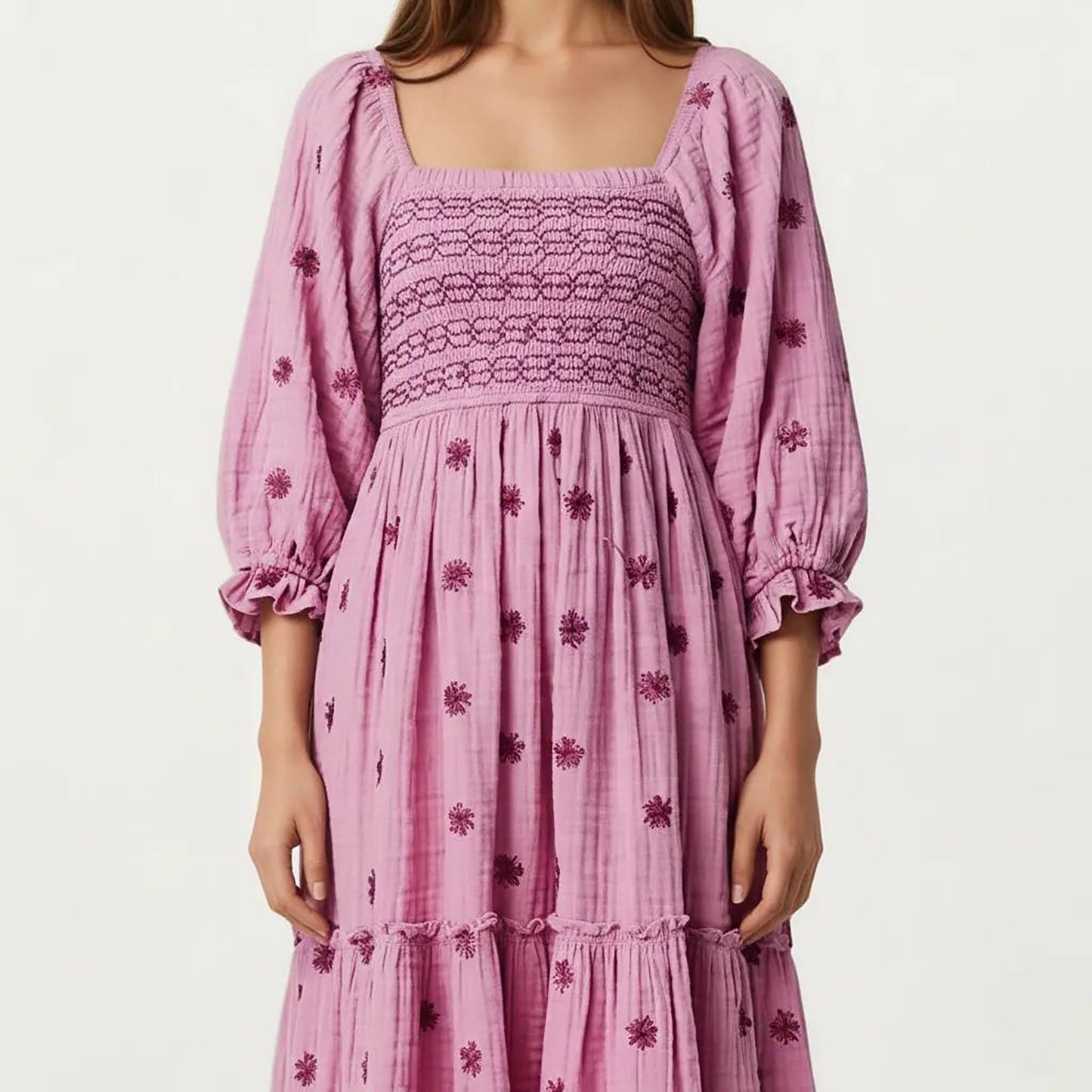 Anna-Kaci Women's Smocked Square Neck Maxi Dress with Embroidered Floral Pattern Puff Sleeves