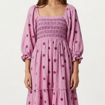Anna-Kaci Women's Smocked Square Neck Maxi Dress with Embroidered Floral Pattern Puff Sleeves
