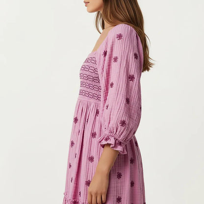 Anna-Kaci Women's Smocked Square Neck Maxi Dress with Embroidered Floral Pattern Puff Sleeves