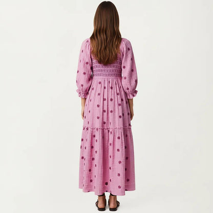 Anna-Kaci Women's Smocked Square Neck Maxi Dress with Embroidered Floral Pattern Puff Sleeves