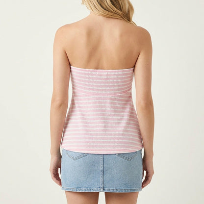 Anna-Kaci Women's Strapless Ruched Knit Tube Top Adjustable Tie Front Peplum Hem Stretch Textured Summer Top