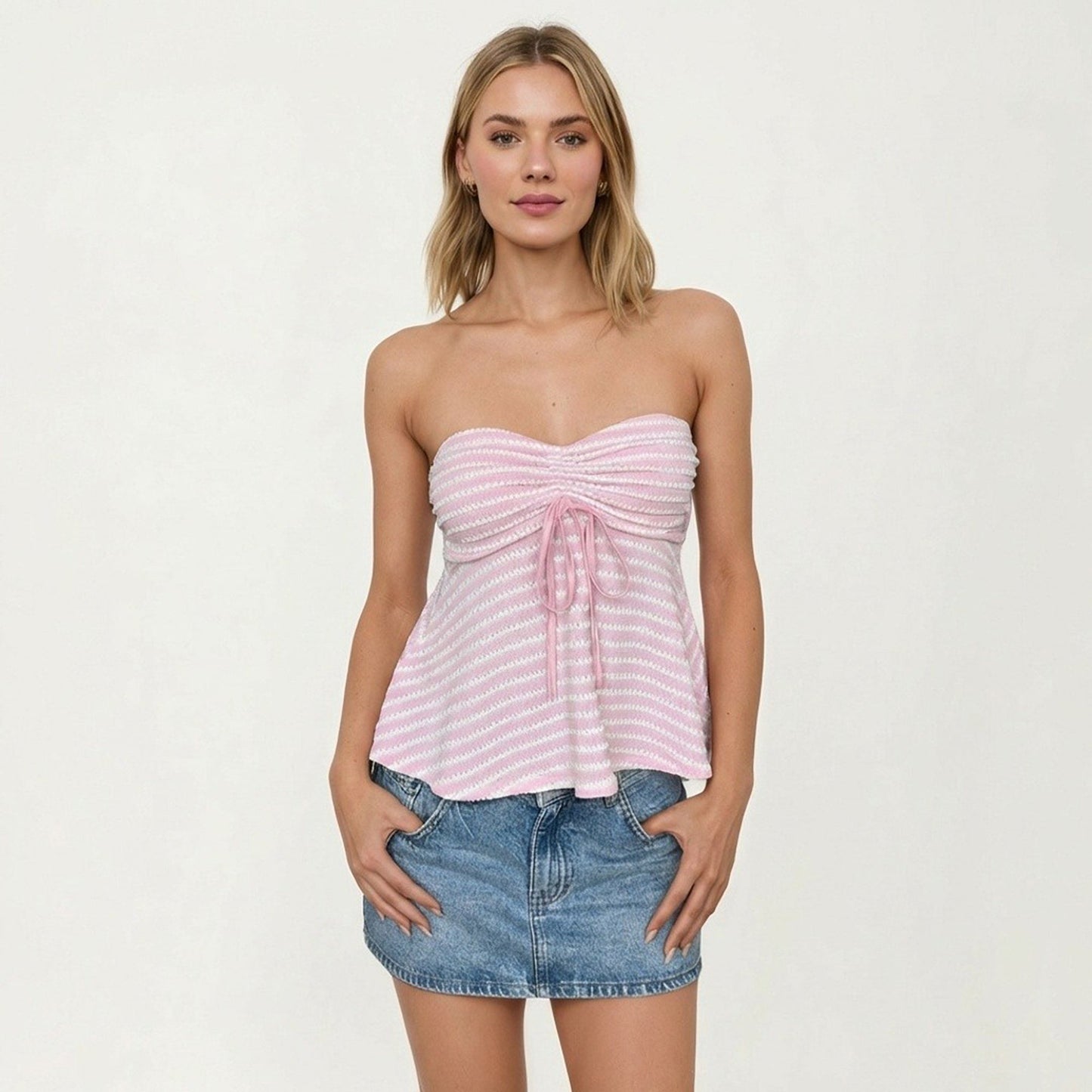 Anna-Kaci Women's Strapless Ruched Knit Tube Top Adjustable Tie Front Peplum Hem Stretch Textured Summer Top