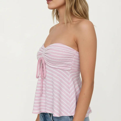 Anna-Kaci Women's Strapless Ruched Knit Tube Top Adjustable Tie Front Peplum Hem Stretch Textured Summer Top