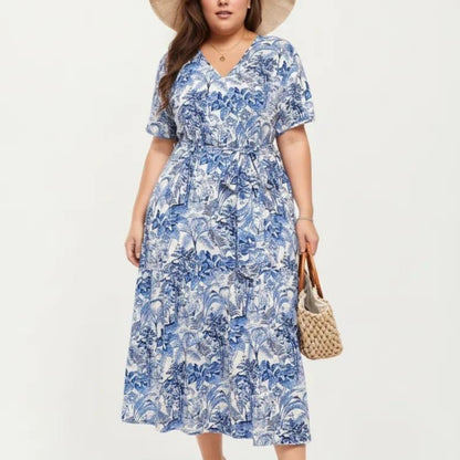 Anna-Kaci Short Sleeve V Neck Midi Dress with Waist Tie Belt All Over Print Flowy Fit Casual Vacation Dress