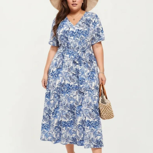 Anna-Kaci Short Sleeve V Neck Midi Dress with Waist Tie Belt All Over Print Flowy Fit Casual Vacation Dress