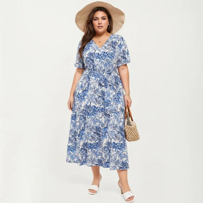 Anna-Kaci Short Sleeve V Neck Midi Dress with Waist Tie Belt All Over Print Flowy Fit Casual Vacation Dress