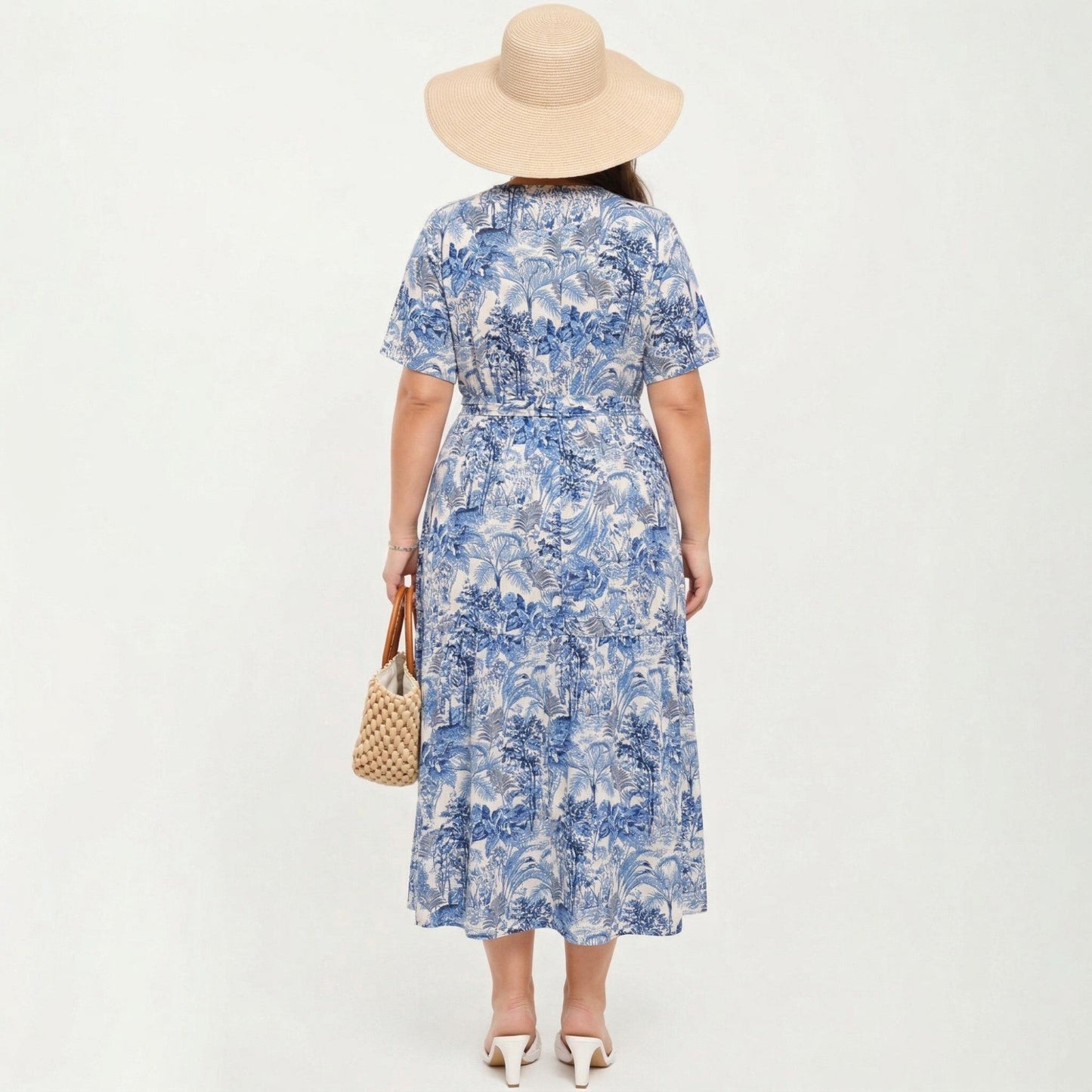 Anna-Kaci Short Sleeve V Neck Midi Dress with Waist Tie Belt All Over Print Flowy Fit Casual Vacation Dress
