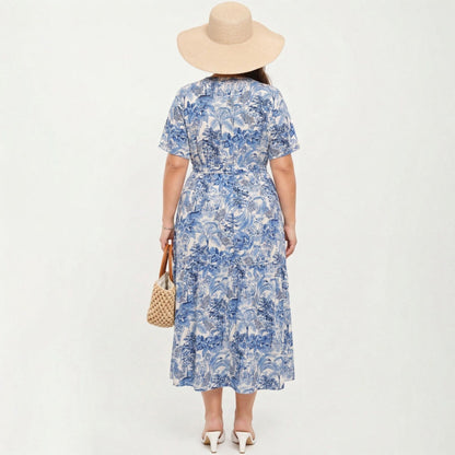 Anna-Kaci Short Sleeve V Neck Midi Dress with Waist Tie Belt All Over Print Flowy Fit Casual Vacation Dress