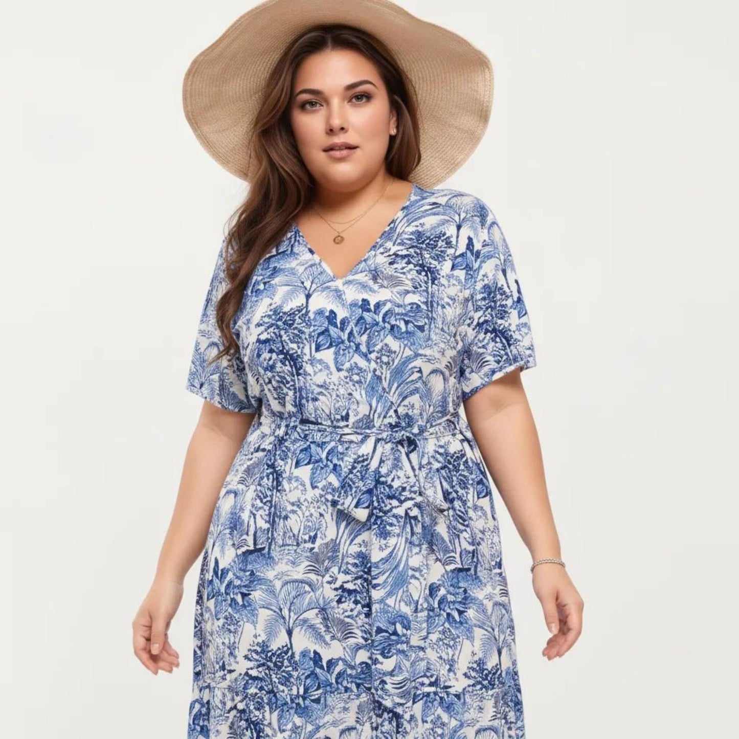 Anna-Kaci Short Sleeve V Neck Midi Dress with Waist Tie Belt All Over Print Flowy Fit Casual Vacation Dress