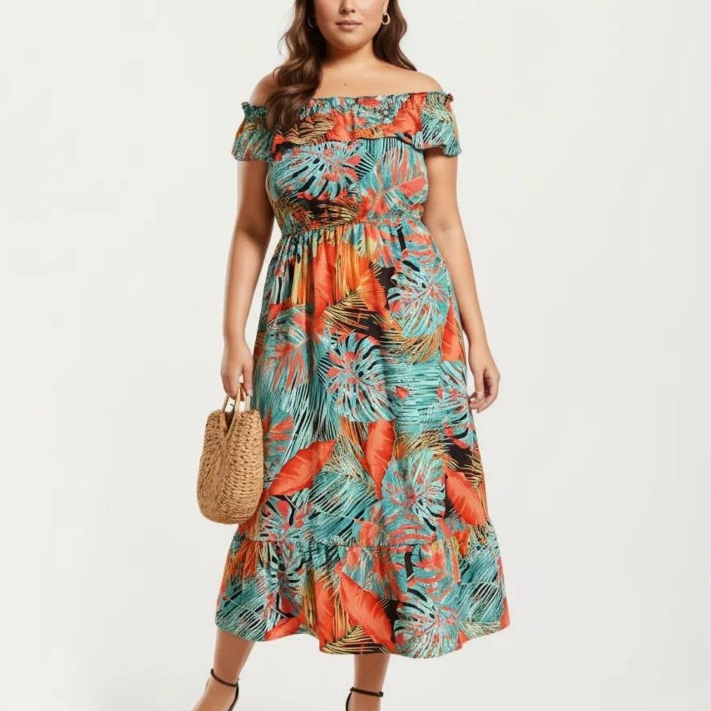 Anna-Kaci Off Shoulder Tropical Print Midi Dress with Ruffle Neckline Elastic Waist Tiered Hem Flowy Dress