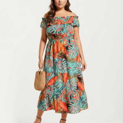 Anna-Kaci Off Shoulder Tropical Print Midi Dress with Ruffle Neckline Elastic Waist Tiered Hem Flowy Dress