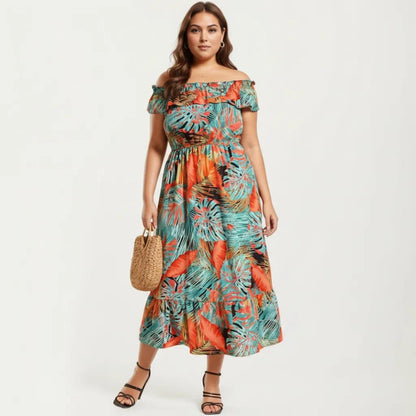 Anna-Kaci Off Shoulder Tropical Print Midi Dress with Ruffle Neckline Elastic Waist Tiered Hem Flowy Dress