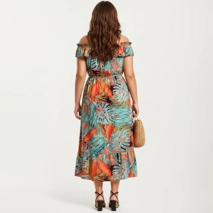 Anna-Kaci Off Shoulder Tropical Print Midi Dress with Ruffle Neckline Elastic Waist Tiered Hem Flowy Dress