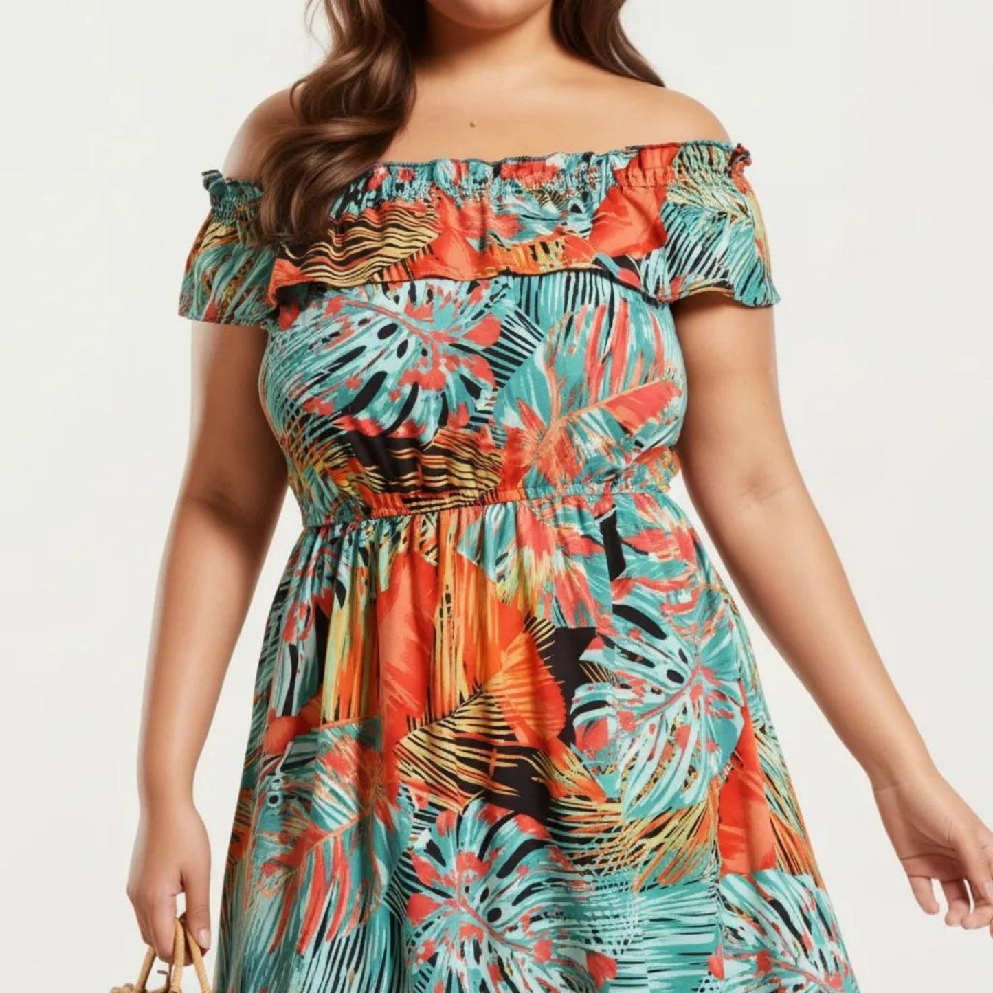 Anna-Kaci Off Shoulder Tropical Print Midi Dress with Ruffle Neckline Elastic Waist Tiered Hem Flowy Dress