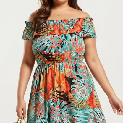 Anna-Kaci Off Shoulder Tropical Print Midi Dress with Ruffle Neckline Elastic Waist Tiered Hem Flowy Dress
