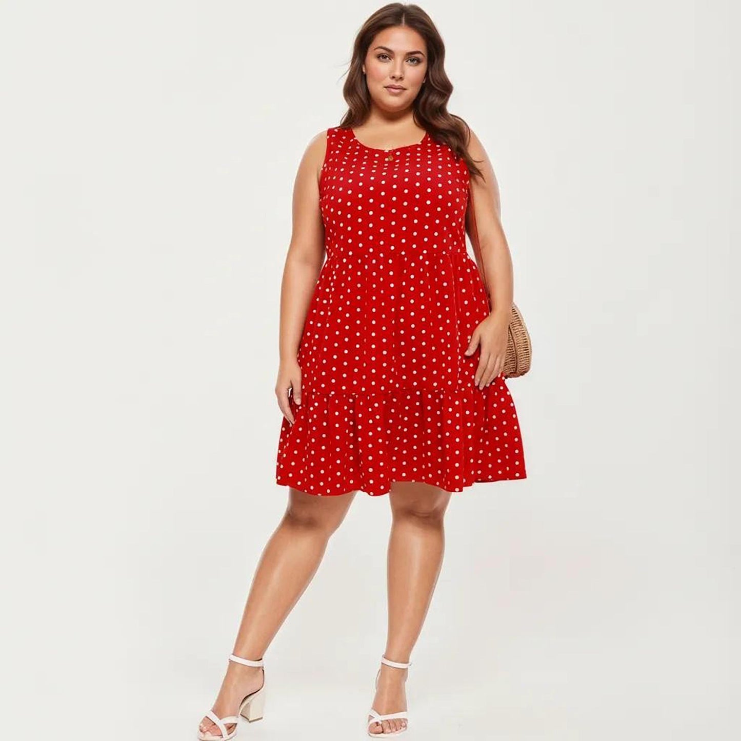 Anna-Kaci Women's Plus Size Sleeveless Scoop Neck Dress with Polka Dot Print Tiered Skirt Flowy Silhouette
