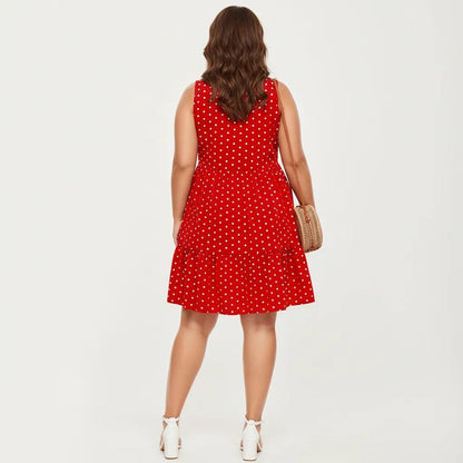 Anna-Kaci Women's Plus Size Sleeveless Scoop Neck Dress with Polka Dot Print Tiered Skirt Flowy Silhouette
