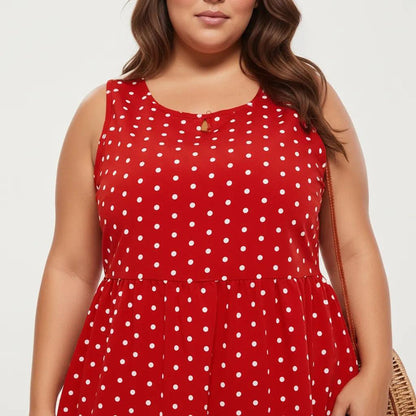 Anna-Kaci Women's Plus Size Sleeveless Scoop Neck Dress with Polka Dot Print Tiered Skirt Flowy Silhouette