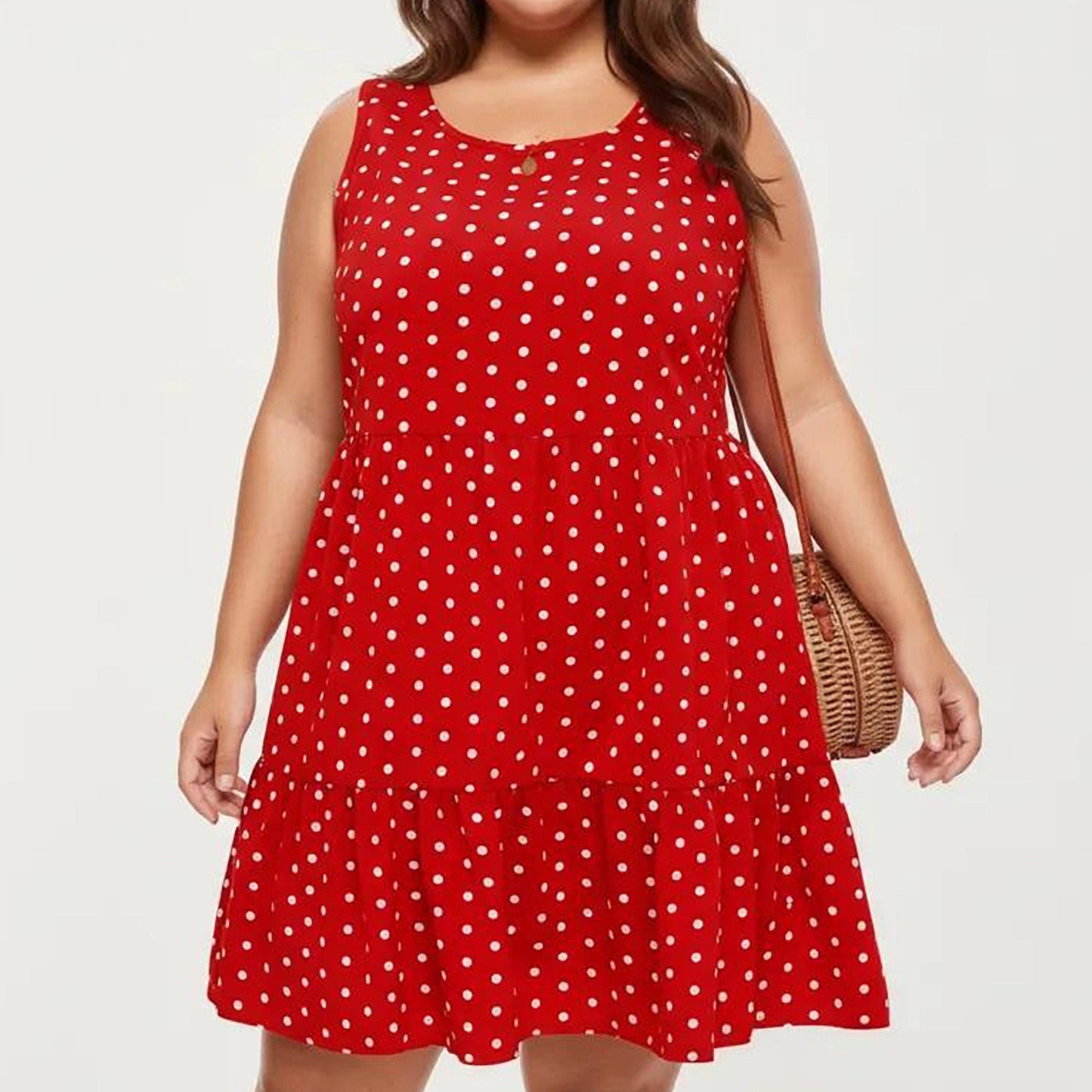 Anna-Kaci Women's Plus Size Sleeveless Scoop Neck Dress with Polka Dot Print Tiered Skirt Flowy Silhouette
