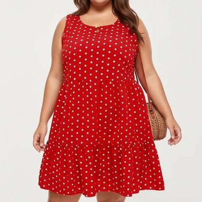 Anna-Kaci Women's Plus Size Sleeveless Scoop Neck Dress with Polka Dot Print Tiered Skirt Flowy Silhouette
