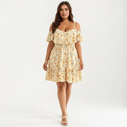 Anna-Kaci Women's Plus Size Cold Shoulder Floral Dress with Ruffle Overlay Elastic Waist Adjustable Straps