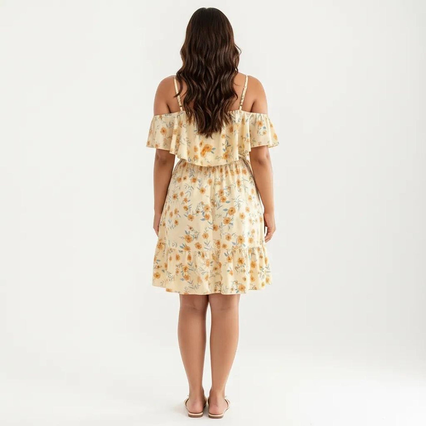 Anna-Kaci Women's Plus Size Cold Shoulder Floral Dress with Ruffle Overlay Elastic Waist Adjustable Straps