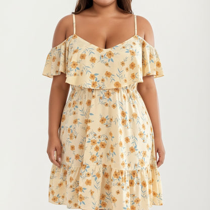 Anna-Kaci Women's Plus Size Cold Shoulder Floral Dress with Ruffle Overlay Elastic Waist Adjustable Straps