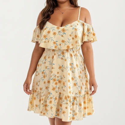 Anna-Kaci Women's Plus Size Cold Shoulder Floral Dress with Ruffle Overlay Elastic Waist Adjustable Straps