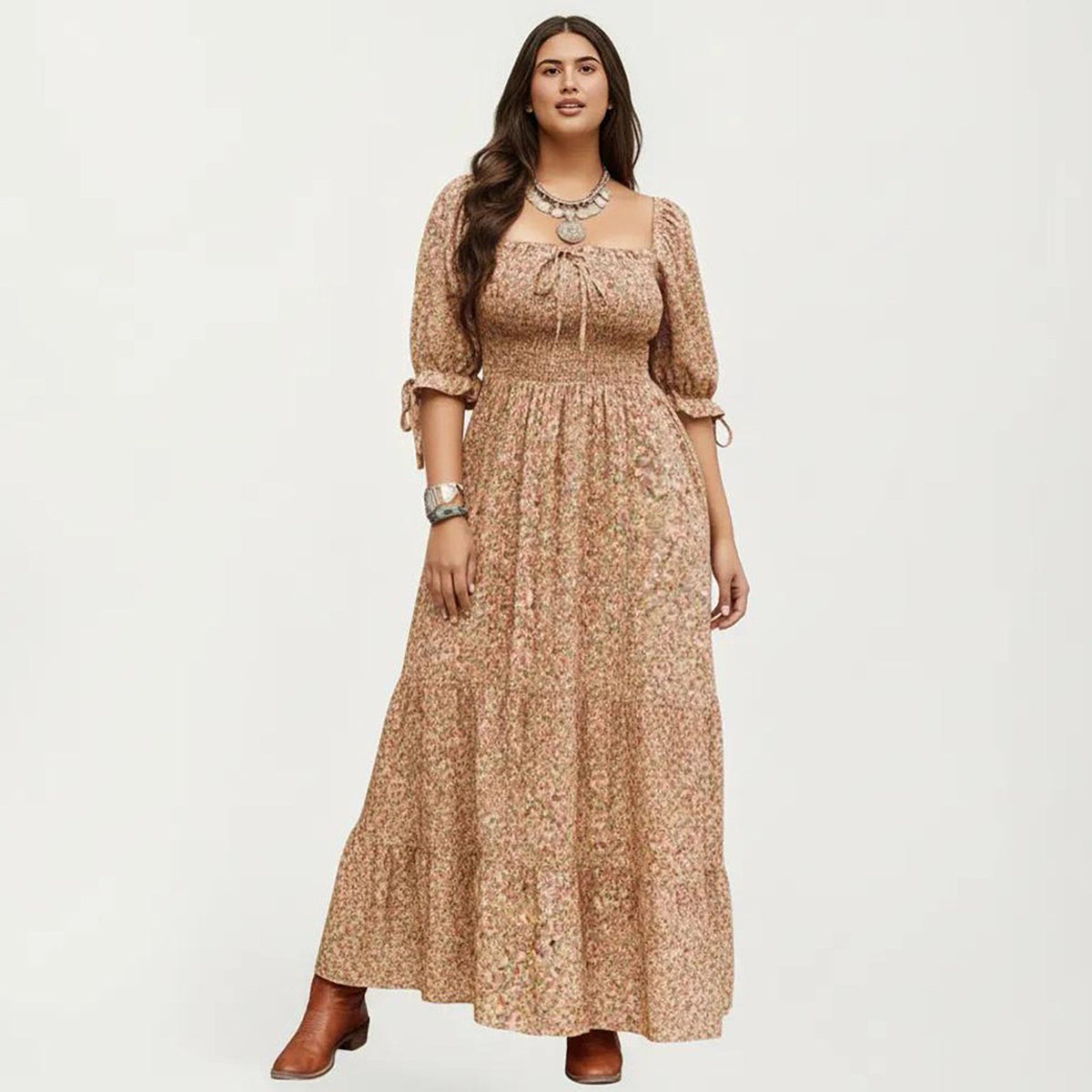 Anna-Kaci Women's Plus Size Square Neck Floral Maxi Dress with Smocked Bodice Puff Sleeve Tie Detail Skirt