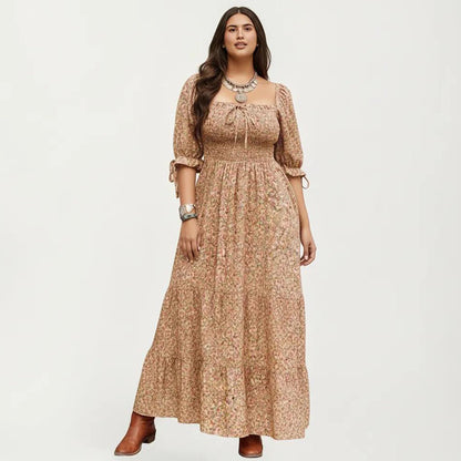 Anna-Kaci Women's Plus Size Square Neck Floral Maxi Dress with Smocked Bodice Puff Sleeve Tie Detail Skirt