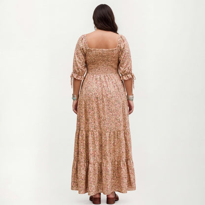 Anna-Kaci Women's Plus Size Square Neck Floral Maxi Dress with Smocked Bodice Puff Sleeve Tie Detail Skirt