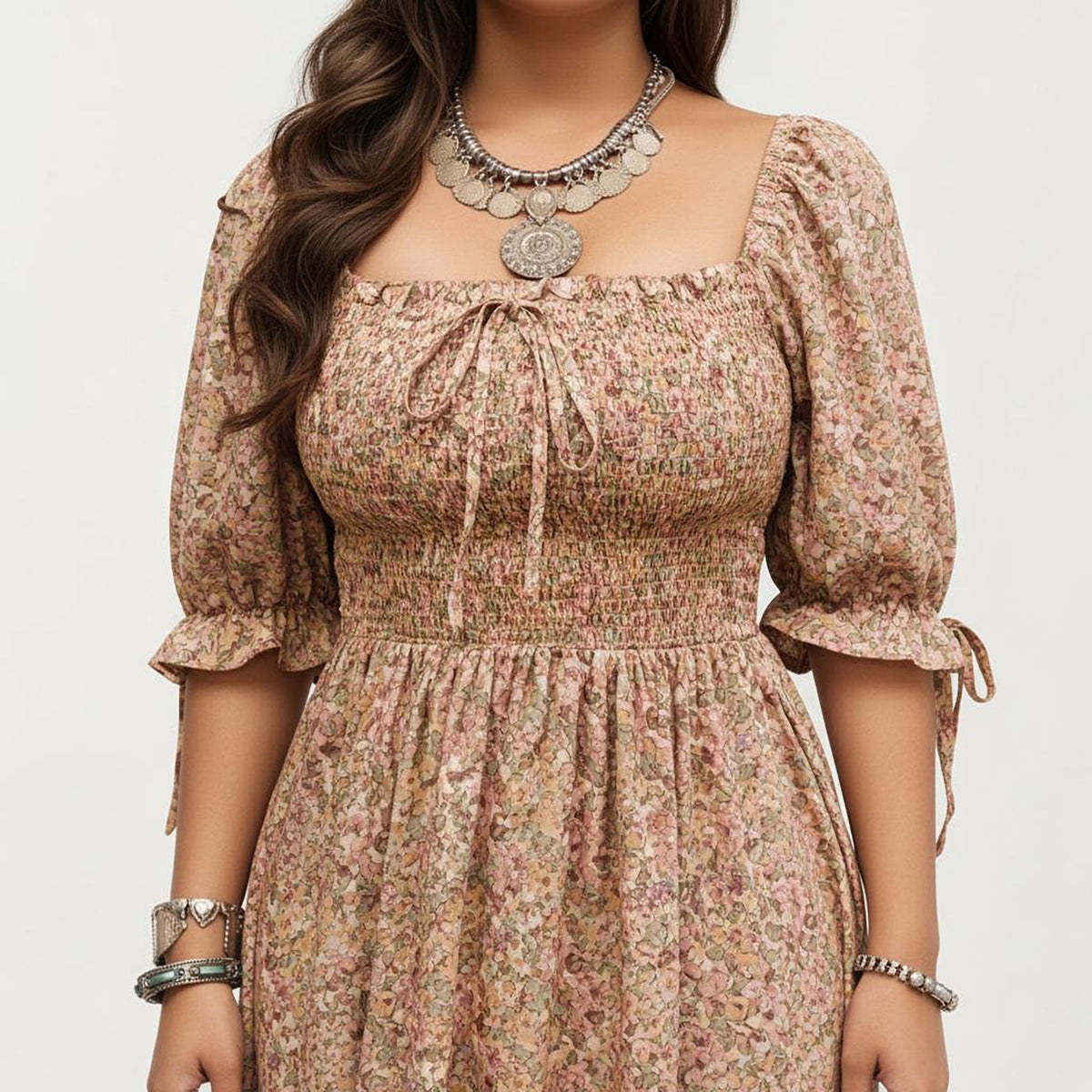 Anna-Kaci Women's Plus Size Square Neck Floral Maxi Dress with Smocked Bodice Puff Sleeve Tie Detail Skirt