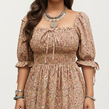 Anna-Kaci Women's Plus Size Square Neck Floral Maxi Dress with Smocked Bodice Puff Sleeve Tie Detail Skirt