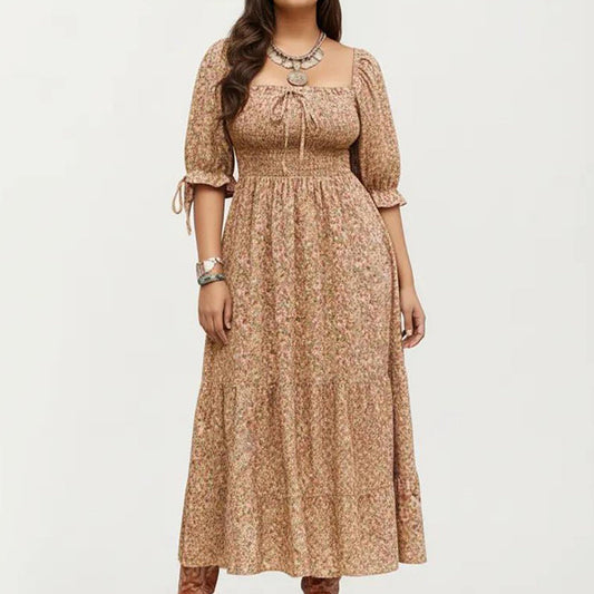 Anna-Kaci Women's Plus Size Square Neck Floral Maxi Dress with Smocked Bodice Puff Sleeve Tie Detail Skirt