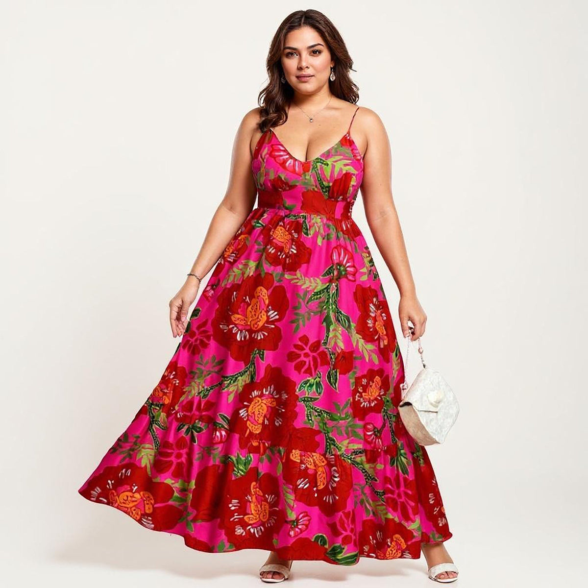 Anna-Kaci Women's Plus Size Floral Print Maxi Dress with Spaghetti Straps V Neck Fitted Bodice Flowy Skirt