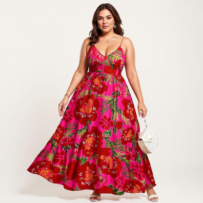 Anna-Kaci Women's Plus Size Floral Print Maxi Dress with Spaghetti Straps V Neck Fitted Bodice Flowy Skirt